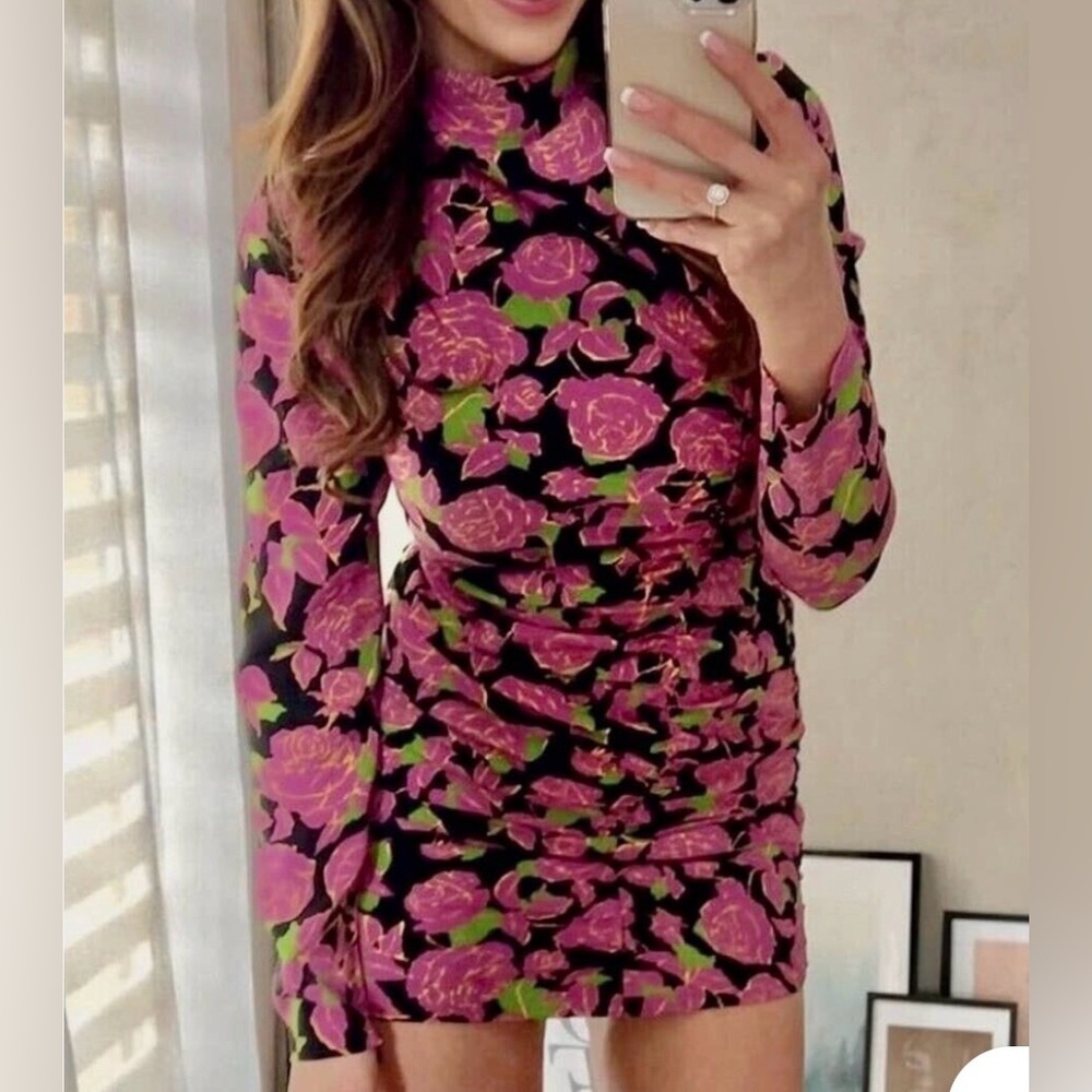 Zara Pink Floral Long-Sleeve Mini Dress